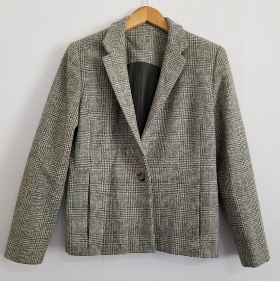 Vintage Handmade Gray Plaid Wool Blazer Jacket Size Medium - Picture 1 of 8